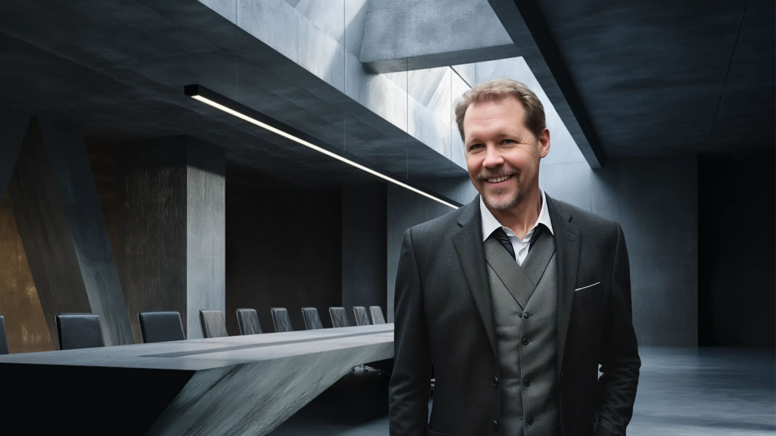 Edward Zeimis, writer and independent consultant, portrait in a modern boardroom.